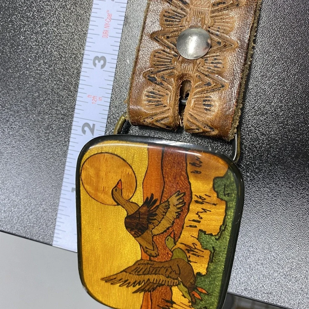 Harmony Metal Belt Mens‎ 46 Brown Leather Western Tooled Duck Goose Buckle USA